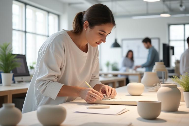 En designer som jobber med prototyper av keramisk emballasje i et moderne verksted.