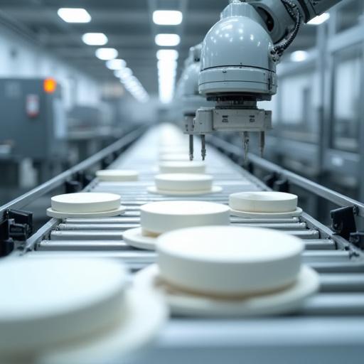 En automatisert produksjonslinje for keramiske komponenter.